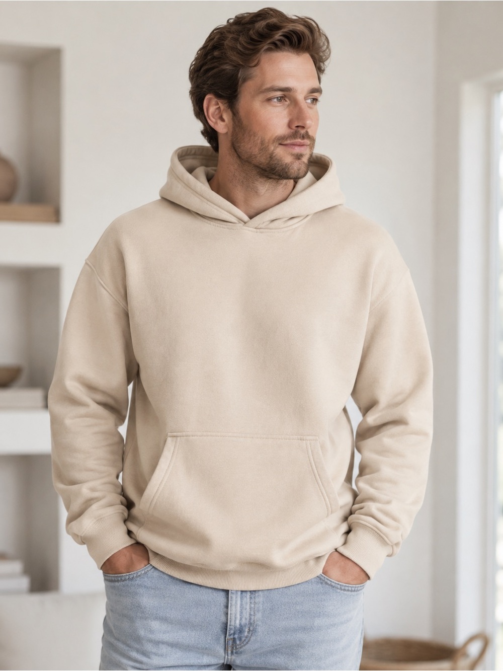 Efan Beige Fleece Pullover Hoodie Men’s M Cozy Oversized Kangaroo Pocket